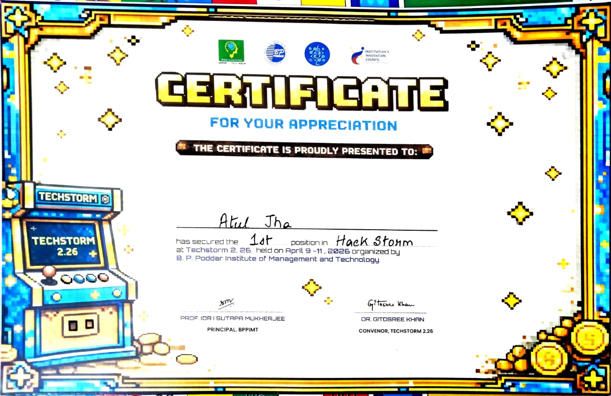 1st Place - HackStorm Hackathon(BP Poddar Institute of Management & Technology)